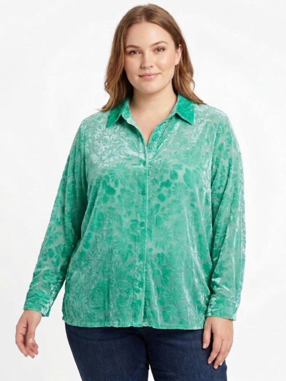 NWT Vintage C.l.o.t.h.e.s size 1X Kelly Green Floral Velvet Burn-out Button Down